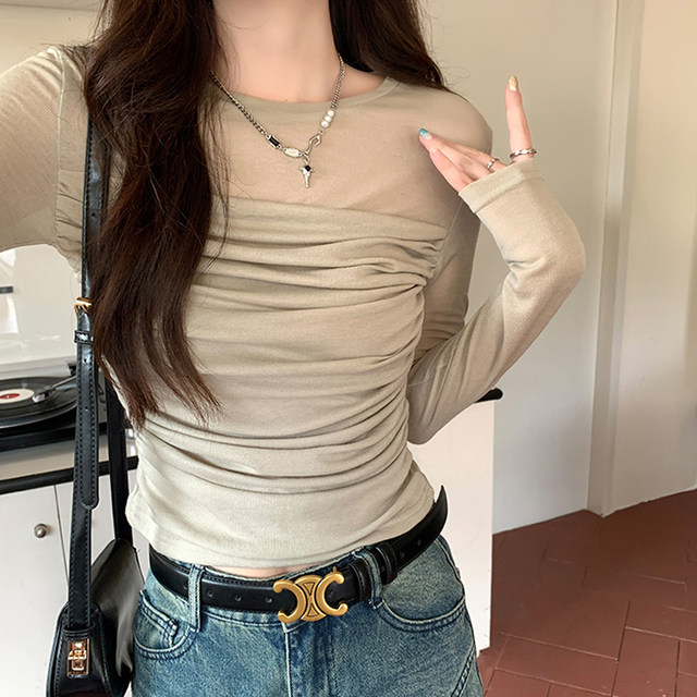 Sheer Mesh Patchwork Round Neck Long Sleeve Slightly See-Through T-Shirt for Women, New Spring and Autumn Style, Subtle Pleats, Slim Fit Short Top