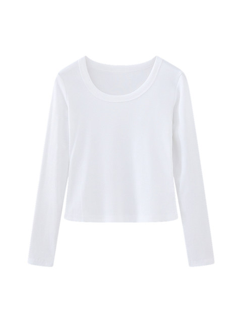 Basic White Round Neck Ribbed T-Shirt for Women, Long Sleeve, 2026 Spring New Korean Style, Slim Fit, Inner Layer Top
