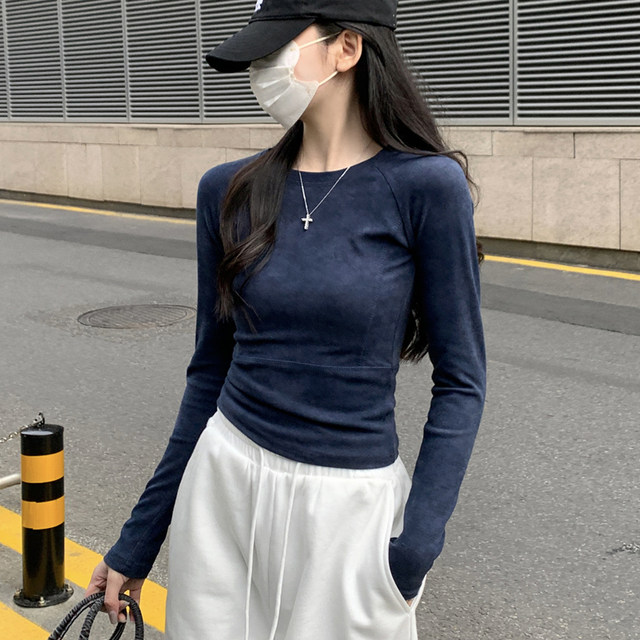 Trendy Tie-Dye Fishbone Patchwork Base Shirt for Petite Women, New Autumn Korean Style Slim-Fit Raglan Long-Sleeve T-Shirt for Women