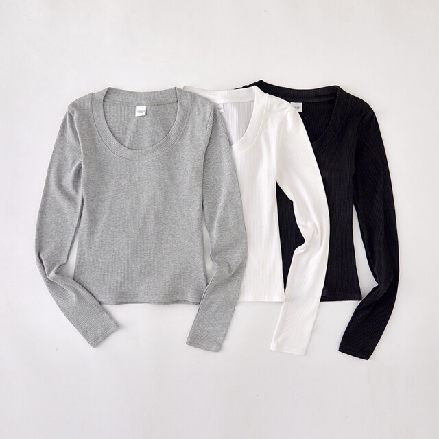 Pure Desire Style U-Neck Gray Sexy Base Shirt for Women, Early Autumn New Korean Version Slim Fit High-Waisted Long-Sleeve T-Shirt for Women, Short Style for Spring