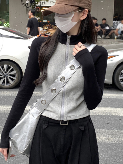 Korean Style Sporty Stand-Up Collar Color-Block Raglan Sleeve Cardigan for Women 2026 Spring New Short Zip-Up Top for Petite Figures