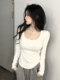 Pure Desire Style Irregular Square Neck Long-Sleeve T-Shirt for Women, White, New Spring Korean Version, Slim Fit with Curved Hem Top
