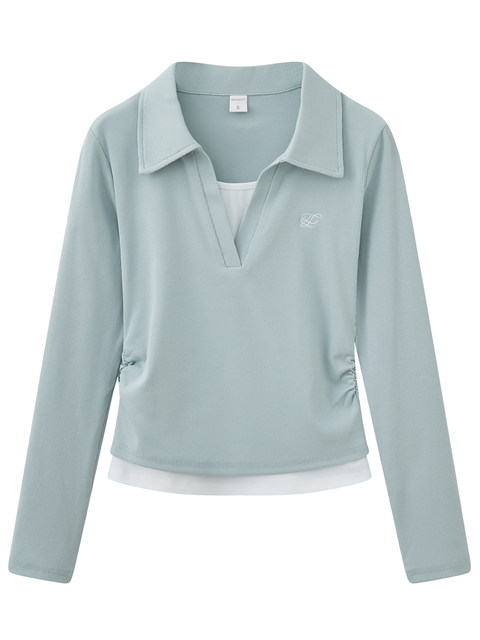 Fake Two-Piece Curved Hem Color-Blocked Polo Collar Base Shirt for Women, New Spring Slim-Fit Embroidered Long-Sleeve T-Shirt