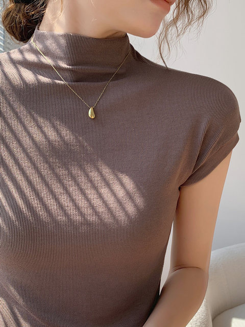 Pure Desire Style White Half-High Collar Ribbed T-Shirt for Women, Short-Sleeved, Summer New Korean Version, Slim Fit Stand-Up Collar Base Shirt