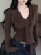 Pure Desire Hot Girl V-Neck Long Sleeve T-Shirt and Shawl Two-Piece Set for Women, New Winter Design with Ruched Waist Short Top