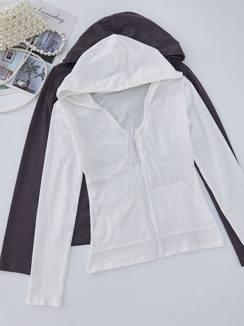 Thin Slim-Fit V-Neck Hooded Zip-Up Sports Jacket for Women, New Spring Korean Style Bamboo Cotton Long-Sleeve Sun-Protective Cardigan