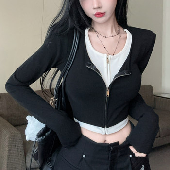 Hong Kong Style Spicy Girl Color-Blocked Zipper Long-Sleeve T-Shirt for Women, New Autumn and Winter Slim-Fit Sexy Fake Two-Piece Base Shirt for Women