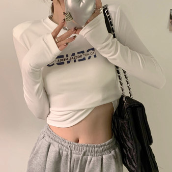 White Letter Print Regular Shoulder Base Shirt for Women, New Autumn Korean Style Slim Fit Shoulder Pad High-Waisted Short Top for Winter