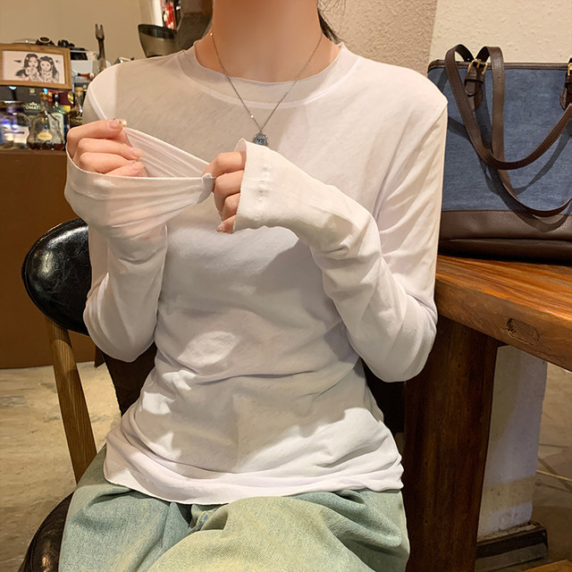 Rolled Edge Slightly Sheer Sun Protection T-Shirt for Women, Long-Sleeved, White, New Autumn and Winter Korean Style, Slim Fit, Layered Elastic Base Shirt for Women ins