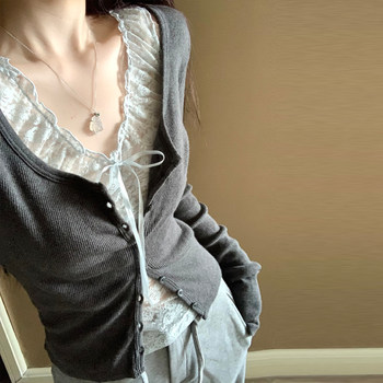 Sweet Girl Bow Lace Patchwork Base Shirt for Women, New Autumn Slim-Fit Color-Block Fake Two-Piece Long-Sleeve T-Shirt for Women