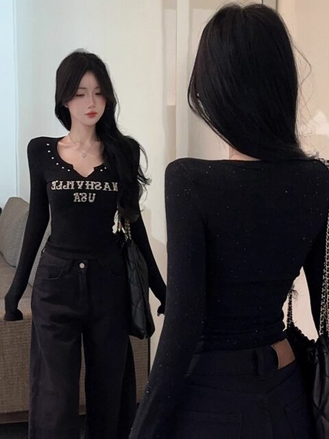 Letter Print Rivet Design Silver Shiny Black Long-Sleeved T-Shirt for Women, New Autumn Style, Pure Desire Hot Girl Slim Fit Top