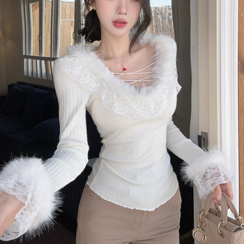 Sweet Girl Style Lace Trim Patchwork Plush Base Shirt for Women, New Autumn and Winter Slim Fit Sexy Long-Sleeve T-Shirt for Women