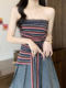 American-Style Hot Girl Retro Striped Tie-Up Tube Top for Women, New Summer Design with Irregular Hem, Waist-Cinching Sleeveless Top