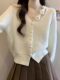 Designed with a Gentle Floral Style, Loose-Fitting V-Neck Sweater Jacket for Women, White, New Autumn Single-Breasted Knitted Cardigan