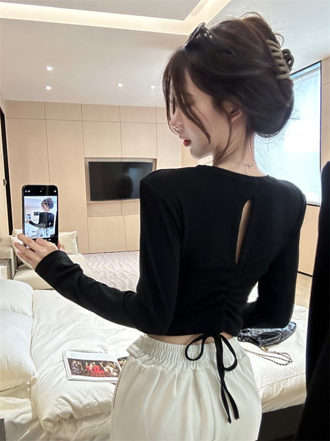 Spicy Girl Style Hollow-Out Backless Black Base Shirt for Women, New Autumn Korean Version Slim Fit Sexy Long-Sleeve T-Shirt for Women