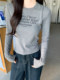 Letter Print Design Round Neck Long-Sleeved T-Shirt for Women, Spring New Korean Style Gray Slim Fit Inner Layering Shirt