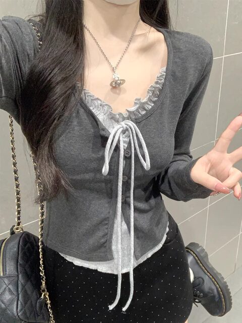 Korean Style Ruffled Design Fake Two-Piece Women's Long-Sleeve Spring New Tie-Neck Round-Neck Color-Block Slim Short Top