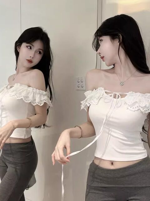 Pure Desire Style Lace-Up Off-Shoulder Patchwork Lace Short-Sleeve T-Shirt for Women, New Summer Sexy Tight-Fitting Short Top