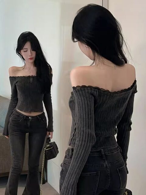 Atmospheric Lace Off-Shoulder Ribbed Long-Sleeve T-Shirt for Women, New Autumn Style, Sexy and Pure Desire Style, High-Waisted Short Top