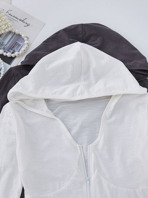 Bamboo Cotton V-Neck Hooded Zip-Up Long-Sleeve Sun Protection Cardigan for Women, Early Autumn New Style, Simple Slim-Fit Hoodie Jacket
