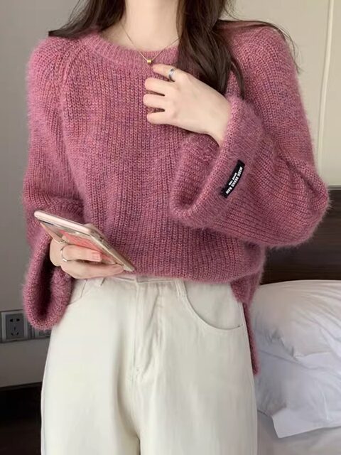 Korean Style Soft and Versatile Loose Bell-Sleeve Sweater for Women, New Autumn Round-Neck Casual Thick Colorful Knitwear