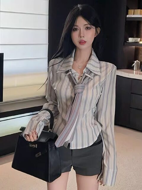High-End Striped Long-Sleeved Shirt with Tie for Women, New Autumn Fashion, Stylish, Cinched Waist, Irregular Hem Top