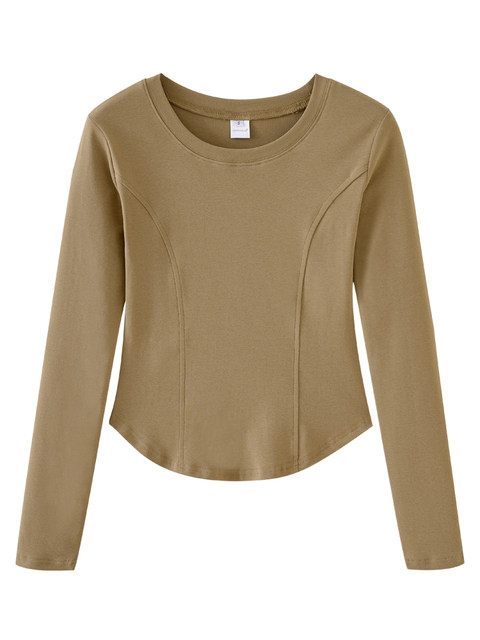 High-End Curved Fishbone Splicing Base Shirt for Women, New Spring Korean Style Slim Fit Irregular T-Shirt for Women, Long-Sleeved Short Top