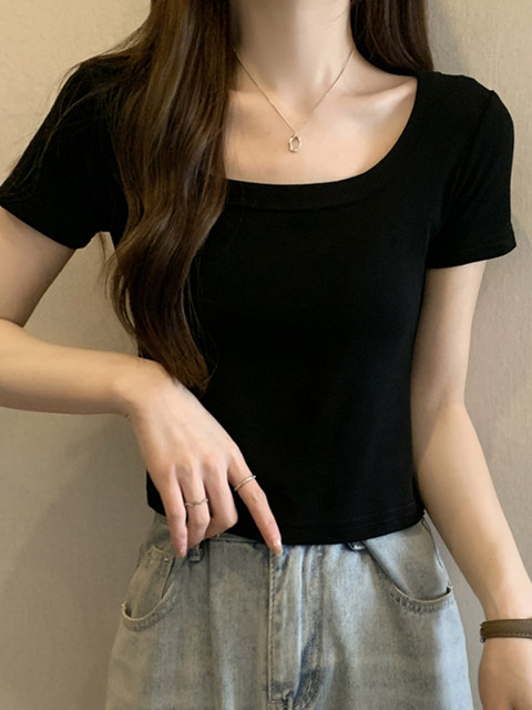 Basic Solid Color Square Neck Collarbone-Exposing Short-Sleeved Bottoming Shirt for Women, New Summer Korean Style Slim Fit Short Top