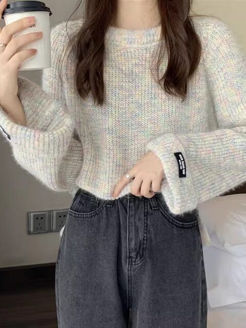 Korean Style Soft and Versatile Loose Bell-Sleeve Sweater for Women, New Autumn Round-Neck Casual Thick Colorful Knitwear