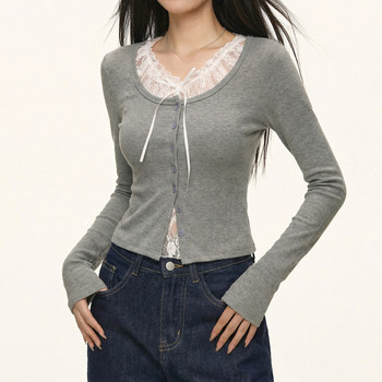 Chic Patchwork Lace Bow Fake Two-Piece Long-Sleeve Women's T-Shirt, New Spring Slim-Fit Brushed Base Shirt for Women ins