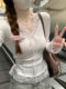 Korean Style Elegant V-Neck Lace Trim Slim Long-Sleeve T-Shirt for Women, White, New Autumn Style, Gentle Ballet Style, Waist-Cinching Top