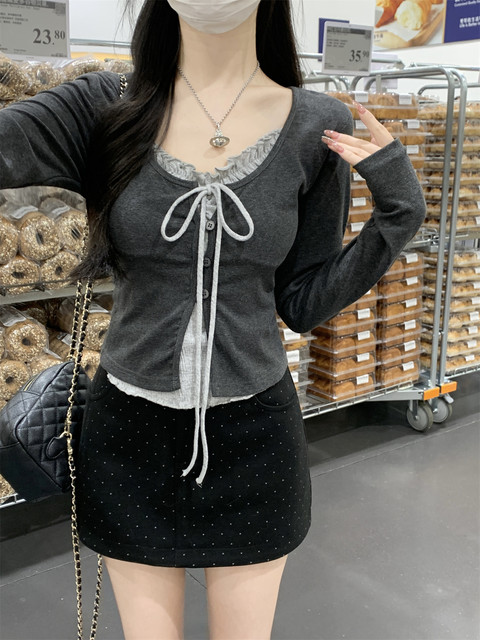 Korean Style Ruffled Design Fake Two-Piece Women's Long-Sleeve Spring New Tie-Neck Round-Neck Color-Block Slim Short Top