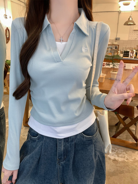 Fake Two-Piece Curved Hem Color-Blocked Polo Collar Base Shirt for Women, New Spring Slim-Fit Embroidered Long-Sleeve T-Shirt