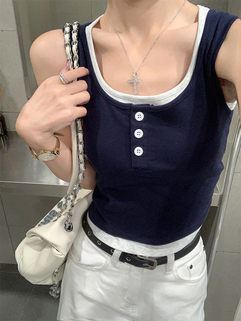 Energetic Sweet Girl Fake Two-Piece Camisole for Women, New Summer Style with Color-Block Design, U-Neck Sleeveless Tank Top T-Shirt