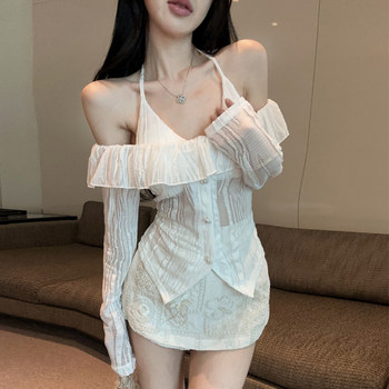 Hot Girl Halter Neck Camisole Women's Spring New Sexy Off-Shoulder Ruffled Slightly See-Through Long-Sleeved Top for Women