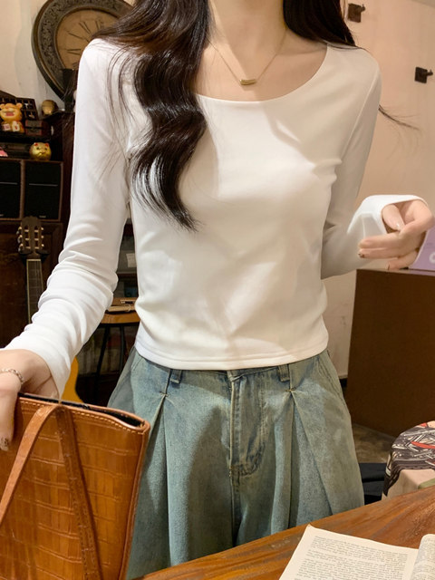 Chic Round-Neck High-Waisted White Base Shirt for Women, New Spring Korean Style Slim-Fit Regular Shoulder Long-Sleeve T-Shirt for Petite Women