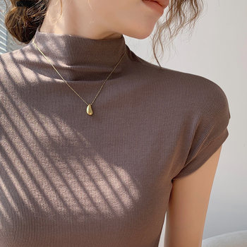 Spicy Girl Shows Off Her Cleavage, Half-High Collar Short-Sleeve T-Shirt for Women, Ribbed Cotton, New Summer Korean Style Slim-Fit Half-Sleeve Base Shirt