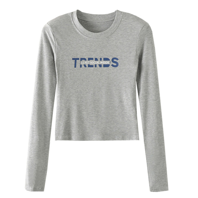 Trendy High-Waisted Ribbed Shoulder-Padded Long-Sleeve T-Shirt for Women, New Autumn Korean Style Slim-Fit Regular Shoulder Base Shirt Top Short Winter