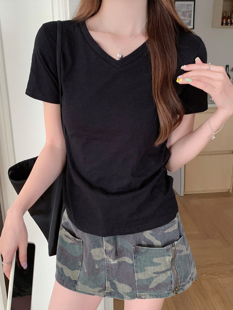 Basic White V-Neck Bamboo Cotton Short-Sleeved Women's T-Shirt, New Summer Korean Style, Loose and Breathable, Regular Shoulder Half-Sleeve T-Shirt for Women