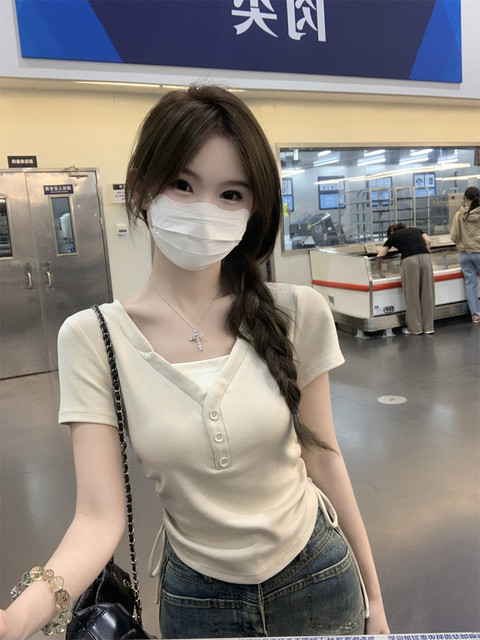 Irregular V-Neck Color-Block Drawstring Waist Short-Sleeve T-Shirt for Women, Faux Two-Piece, New Summer Korean Style Slim-Fit Short Top