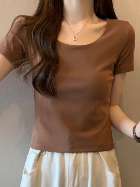 Petite Round-Neck Regular Shoulder High-End Gray T-Shirt for Women, Short-Sleeved, New Summer Korean Style, Slim-Fit, High-Waisted, Stretchy Base Shirt