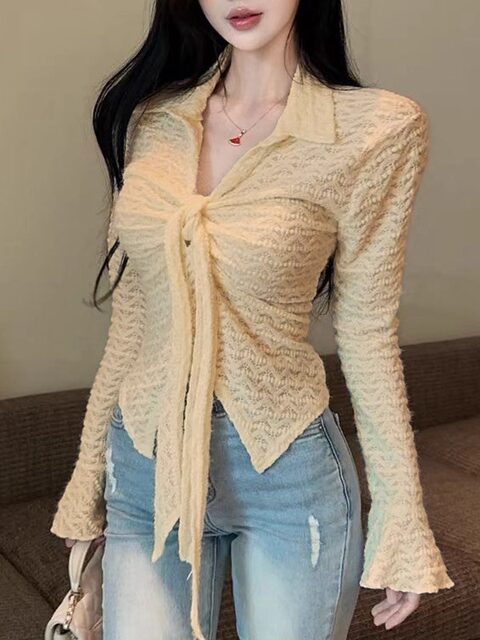 Pure Desire Design Lace-Up Lapel Flared Sleeve Lace Blouse for Women, New Winter Style with Irregular Hem, Slim Fit, Cinched Waist Top