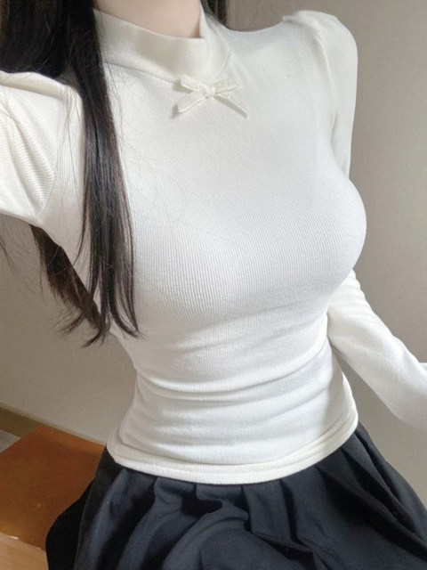 Designed with Side Pleats, Slim Fit, Stand-Up Collar, Puff Sleeves, Brushed Base Layer Top for Women, New Spring Style, Gentle Apricot Color Top