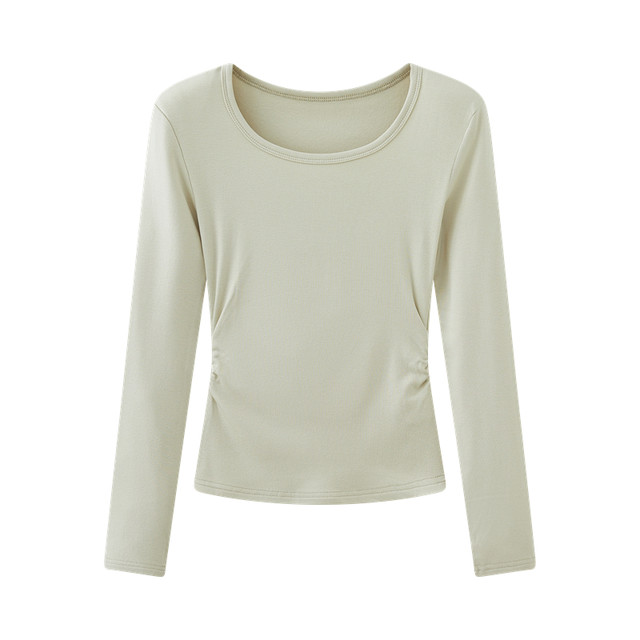 Hong Kong Style U-Neck Padded Shoulder Long-Sleeve T-Shirt for Women, New Autumn and Winter Korean Version, Slim Fit, Irregular Pleated Fleece-Lined Base Shirt for Women, Short