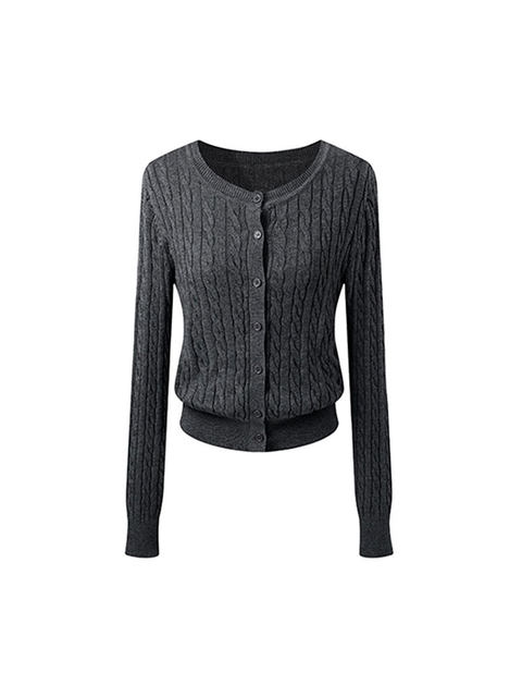 Single-Breasted Cable Knit Long-Sleeve Sweater Cardigan for Women, New Autumn Korean Style, Simple and Versatile Round-Neck Knit Cardigan