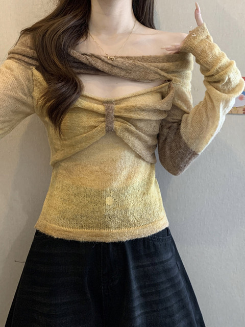 Sweet Bow-Knot Cut-Out One-Shoulder Gradient Long-Sleeve T-Shirt for Women, New Spring Style, Sexy and Trendy Slim-Fit Top