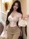 Sexy Deep V-Neck Pure Desire Hollow Lace Top for Women, New Winter Style ins Hot Girl High-Waisted Short Flared Sleeve Top
