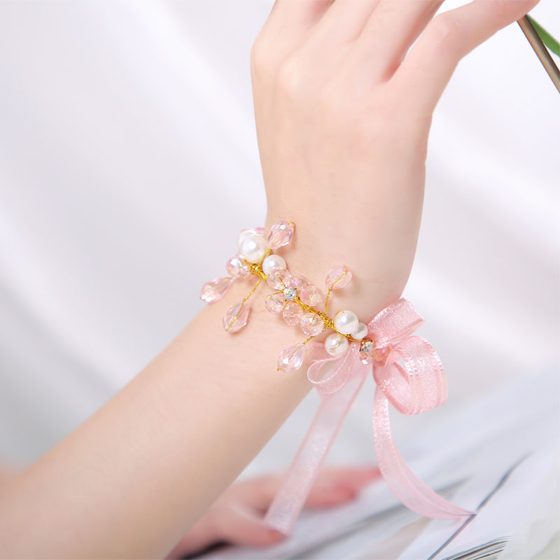 Bridal bridesmaid's sister group wrist flower minimalist water drill small fresher imitation pearl children's table performance active bracelet-Taobao