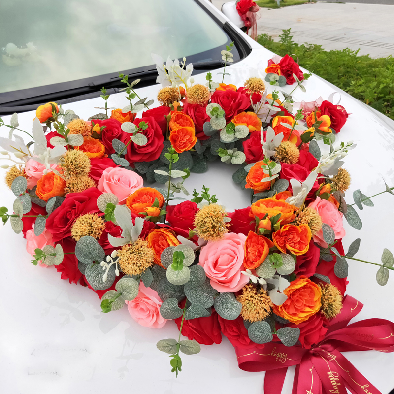 Heart-shaped forest main wedding car front flower decoration set three-dimensional simulation rose wedding car flower team layout