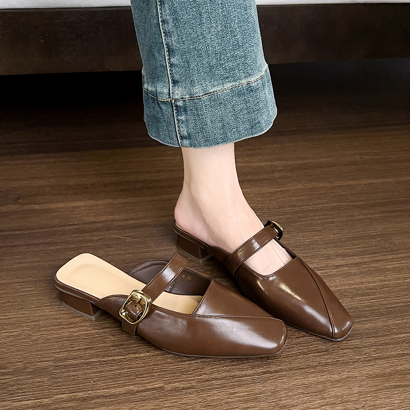French Retro Square-Toe Low-Heeled Commuting Mules, Slip-On Mules, Chunky Heel Half-Slippers for Women